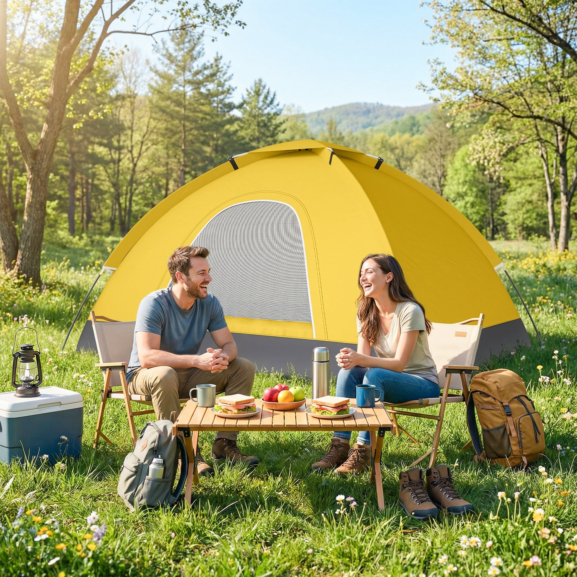 Outsunny 2 Person Camping Tent, Dome Tent with Zipped Doors, Storage Pocket, Portable Handy Bag, Yellow 