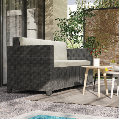 Outsunny 3 Seater Rattan Sofa All-Weather Wicker Weave Metal Frame Chair with Fire Resistant Cushio-Cream 