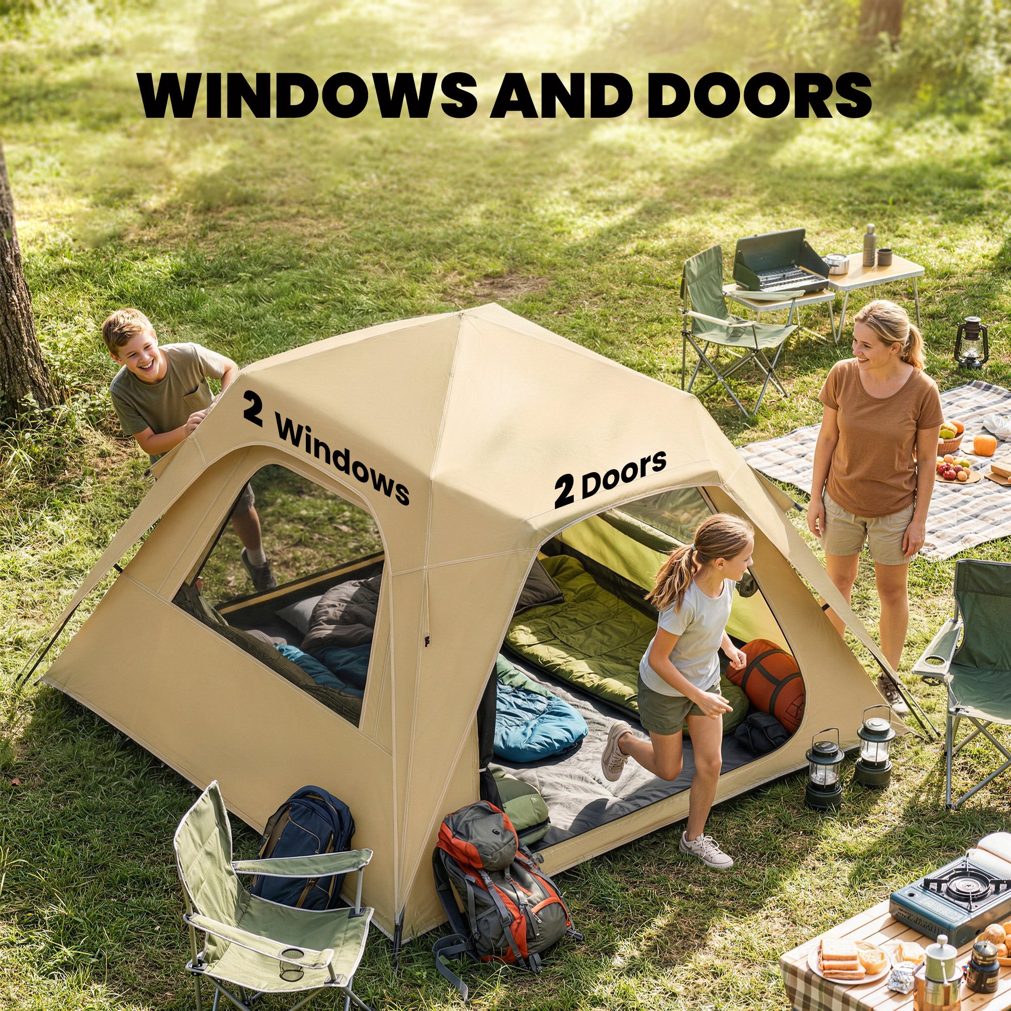 Outsunny Pop Up Tent 3000mm Waterproof Camping Tents with Mesh Windows 2-3 People Khaki 