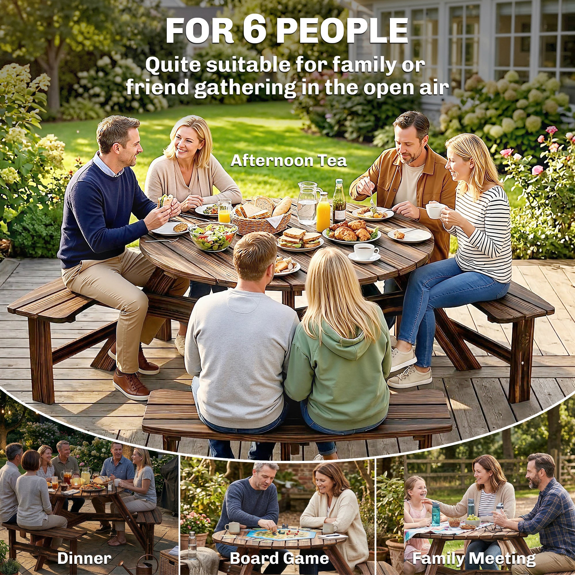 Outsunny Wooden Garden Dining Set, 6 Seater Round Dining Picnic Table with Matching Bench, Garden Furniture Set with Parasol Hole for Outdoor Patio Party and Family Gatherings, Carbonized 