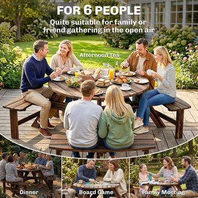 Outsunny Wooden Garden Dining Set, 6 Seater Round Dining Picnic Table with Matching Bench, Garden Furniture Set with Parasol Hole for Outdoor Patio Party and Family Gatherings, Carbonized 