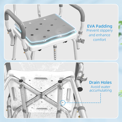 HOMCOM EVA Padded Shower Chair for the Elderly and Disabled, Height Adjustable Shower Stool with Back and Arms, 4 Suction Foot Pads, Light Grey 