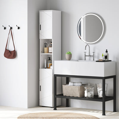 kleankin Line Embossed Tall Bathroom Storage Cabinet - White 