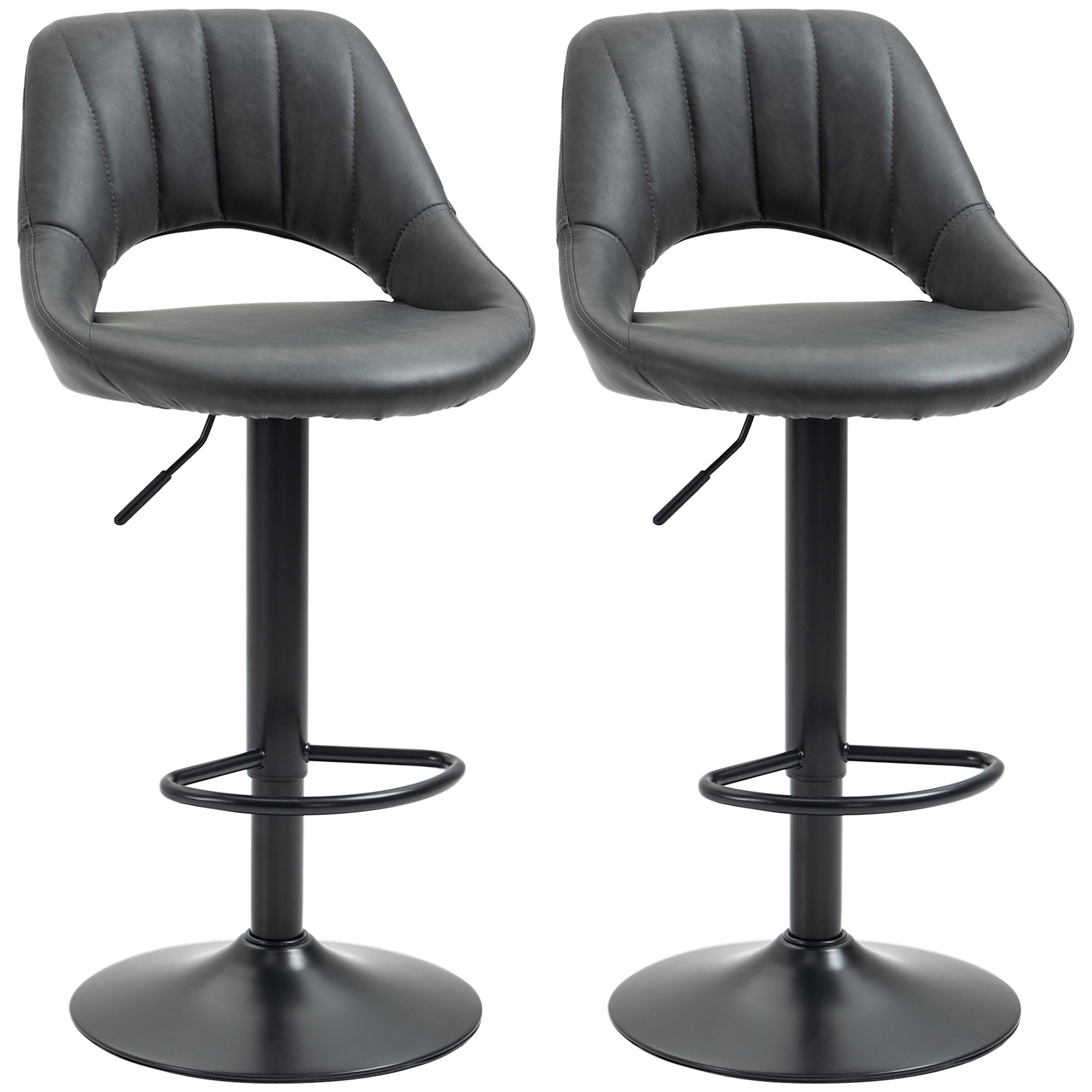 HOMCOM Bar Stools Set of 2, Swivel Counter Height Barstools with Back, Adjustable PU Leather Bar Chairs, Modern Armless Kitchen Island Stool, Dark Grey