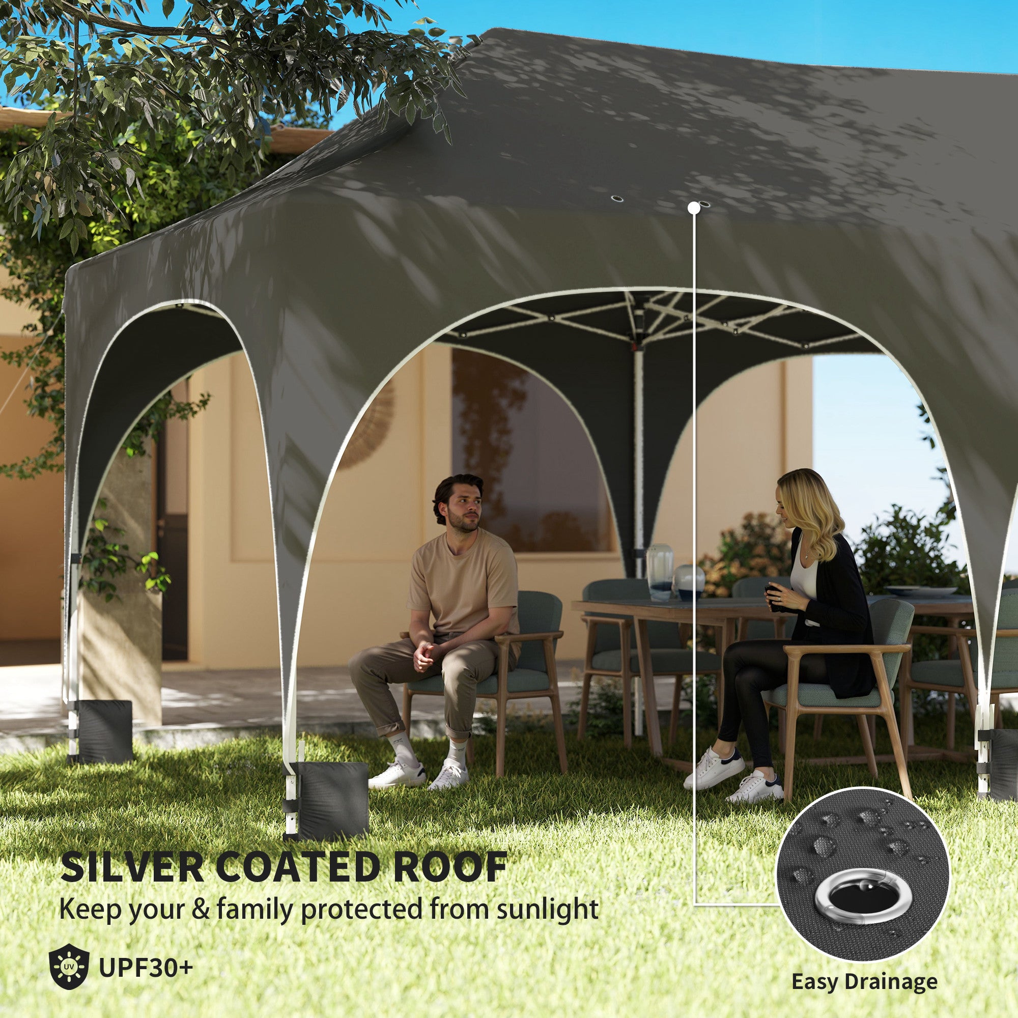 Outsunny 3 x 6m Pop Up Gazebo Shelter with Sides, 6 Sandbags, Peak Top Garden Party Tent Marquee with Carry Bag, Dark Grey 