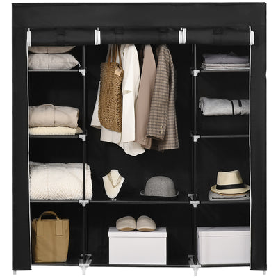 HOMCOM Portable Wardrobe, Foldable Fabric Wardrobe, 150 x 43 x 162.5cm, Clothes Storage Organiser with Hanging Rail, Shelves, Fabric Cover for Bedroom, Black 