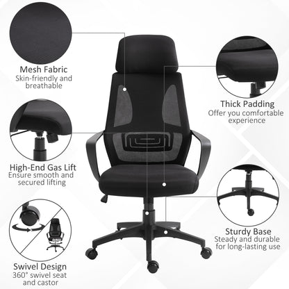 Vinsetto Ergonomic Office Chair, High Back Computer Chair, Mesh Desk Chair with Lumbar Support, Headrest, Wheel, Adjustable Height, Black 