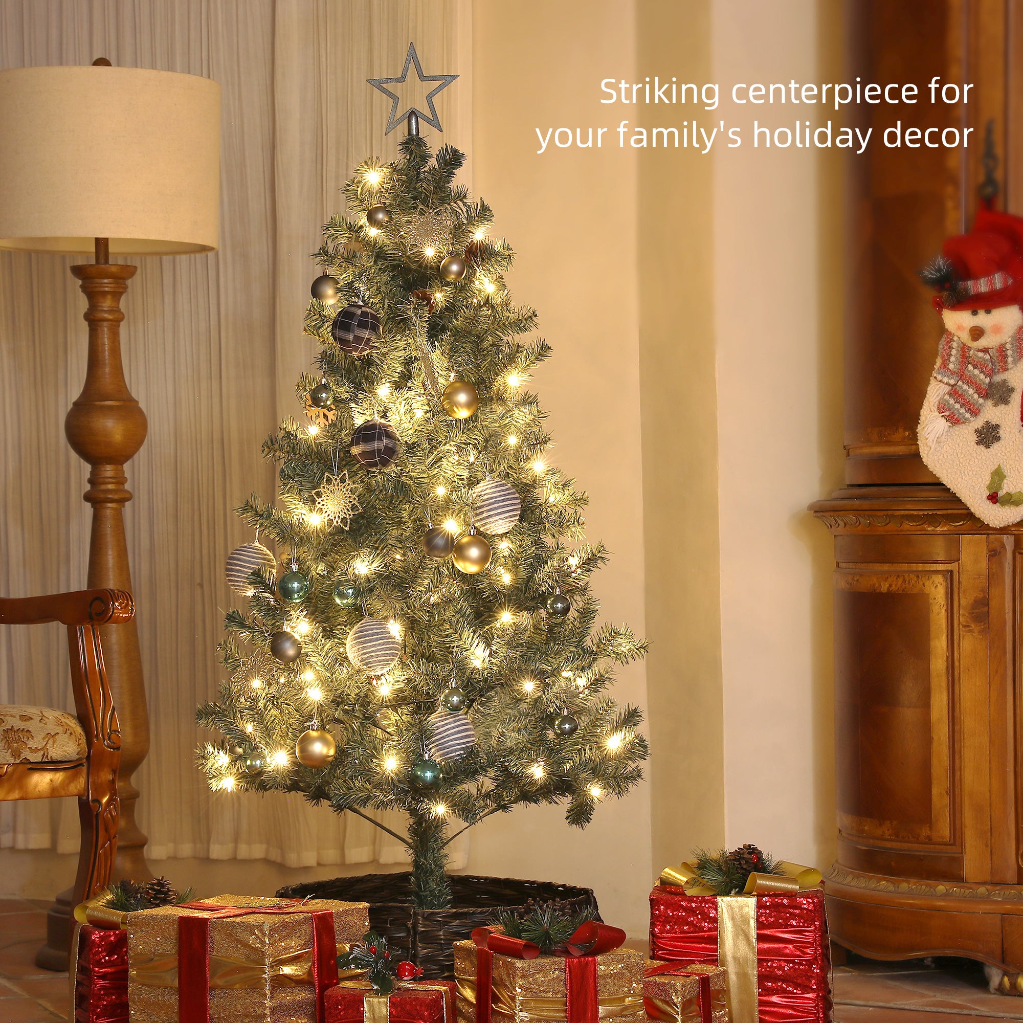 HOMCOM 5ft Pre-Lit Xmas Tree with Decorations, Green, Blue and Warm White