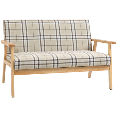 HOMCOM Compact Loveseat Couch Double Seat Sofa with Lattice Pattern and Rubber Wood Frame Beige and Coffee 