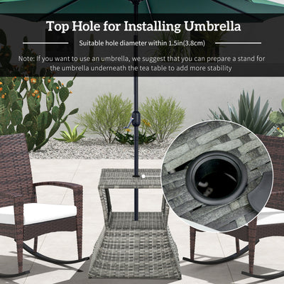 Outsunny Outdoor Patio Rattan Wicker Coffee Table Bistro Side Table w/ Umbrella Hole and Storage Space, Grey 