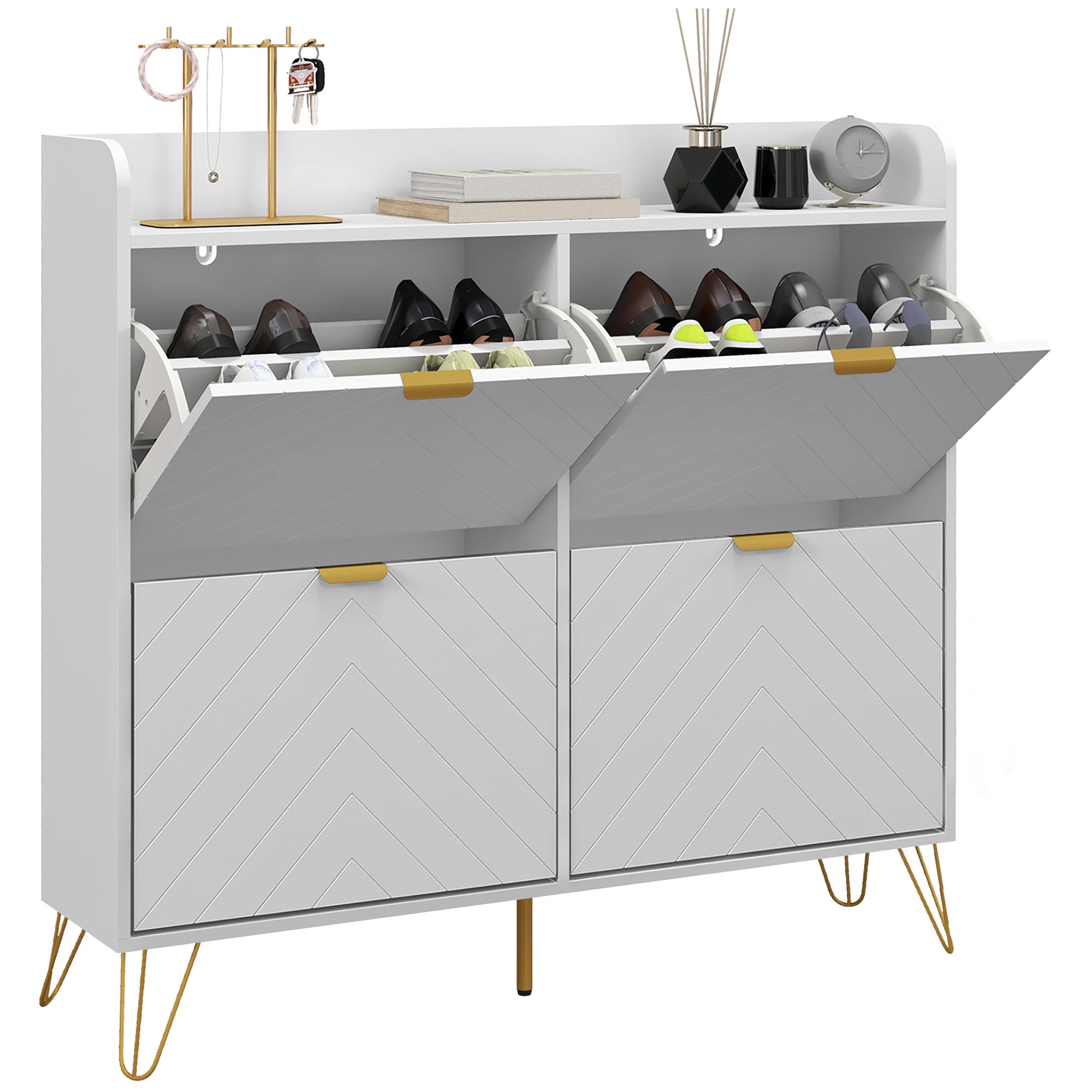 HOMCOM Narrow Shoe Storage Cabinet, Slim Shoe Cupboard with 4 Flip Drawers, Adjustable Shelf, Shoe Rack for 16 Pairs of Shoes 