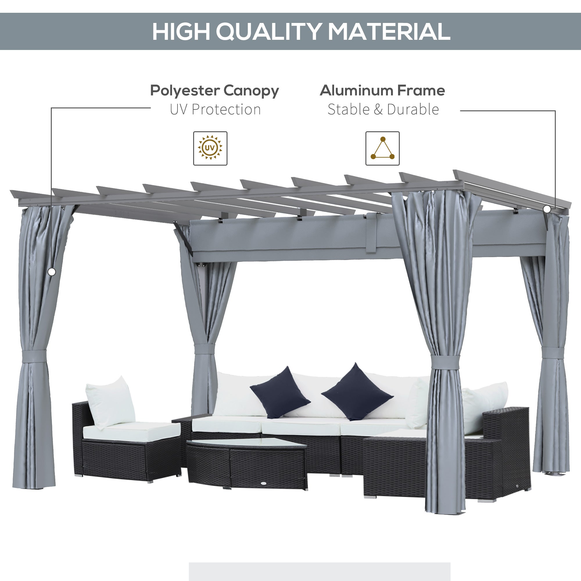 Outsunny 3.6 x 3(m) Outdoor Pergola with Retractable Roof and Curtains, Garden Gazebo Canopy Sun Shade Shelter with Aluminum Frame, Dark Grey 