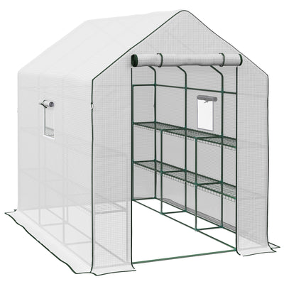 Outsunny Walk-in Greenhouse with 3 Tier 12 Shelves, Small Greenhouse with Reinforced PE Cover, Garden Plant Growhouse with Roll-up Door and Three Mesh Windows, 140 x 213 x 190 cm, White 