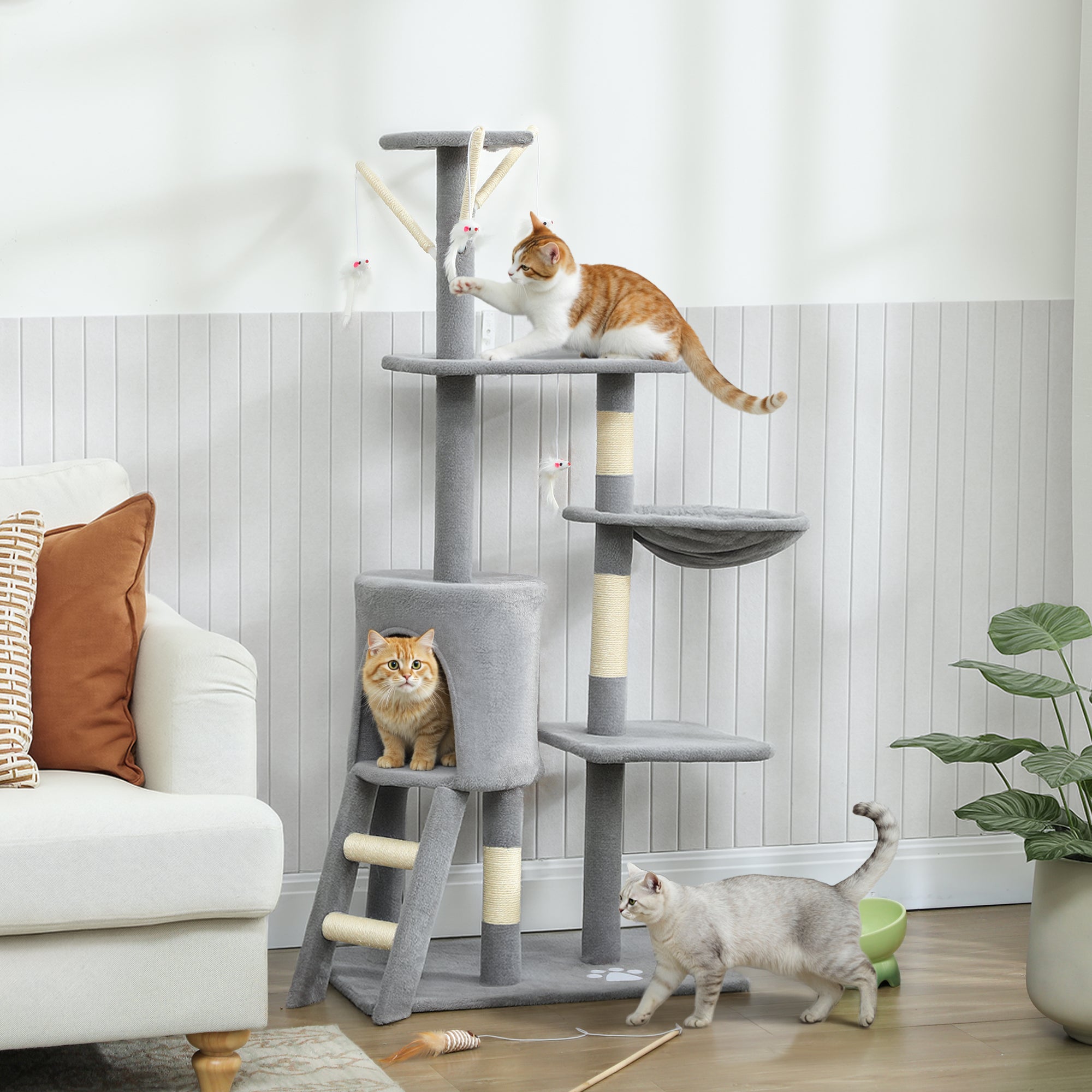 PawHut Multi-Level Cat Tower, 134cm Cat Tree with Condo and Sisal Scratching Posts for Indoor Kittens, Grey 