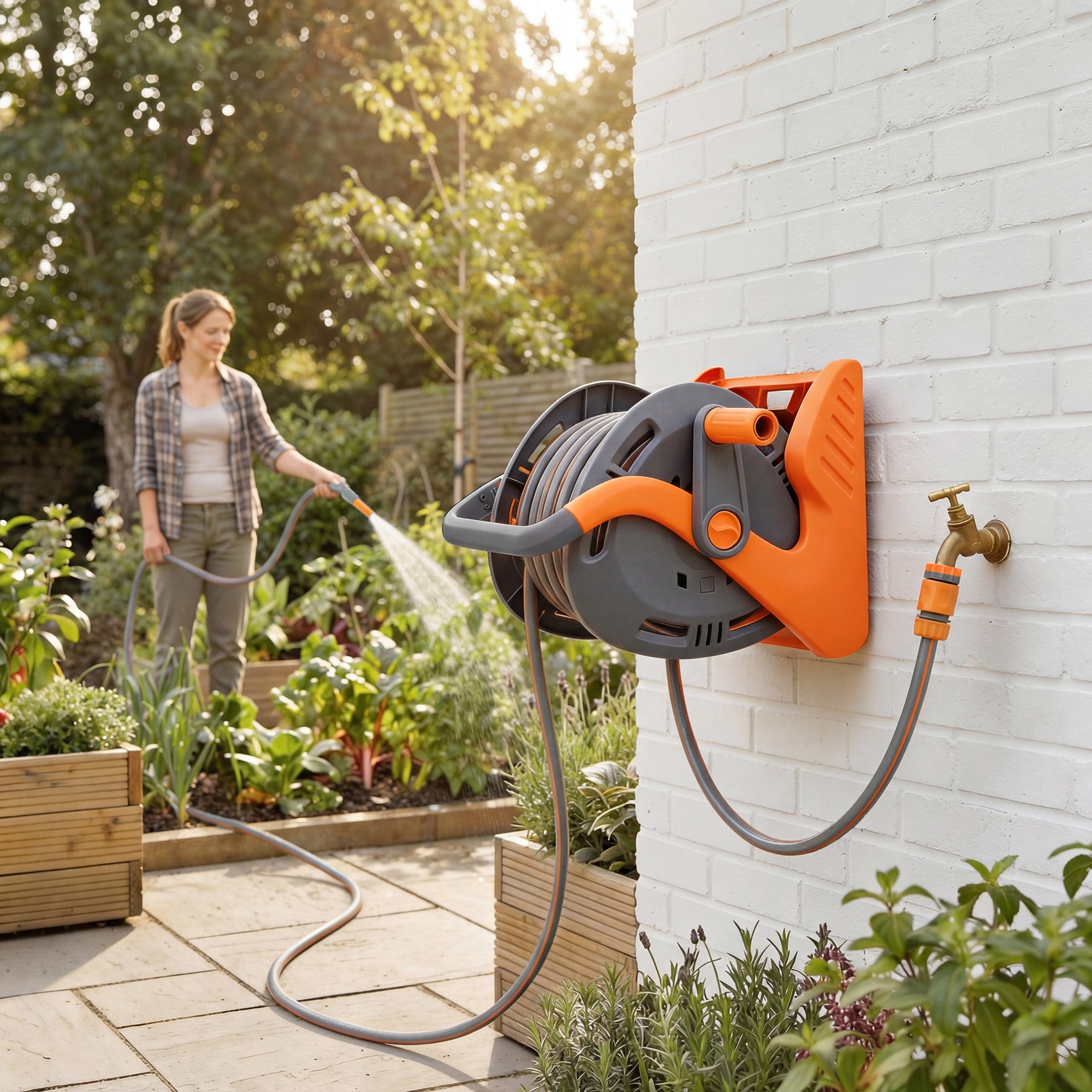 Outsunny Portable Garden Hose Reel, 20+2 m Wall Mounted Hose Reel with 2 Patterns Spray Nozzle and Crank Handle, Orange 