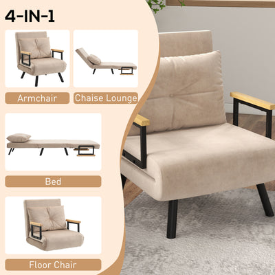 HOMCOM 4-in-1 Velvet-Feel Single Chair Bed, with Pillow - Beige 