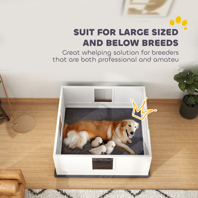 PawHut Whelping Box for Dogs with Whelping Pad, Adjustable Entrance, Non-slip Foot Pads, for Large Dogs, 124 x 120cm 