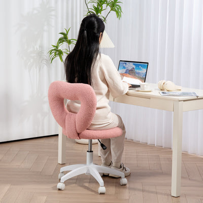 HOMCOM Armless Heart Computer Desk Chair, Teddy Fleece Swivel Office Chair, Makeup Vanity Chair with Height Adjustable, Wheels, for Home Study Bedroom, Pink 