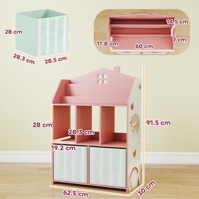 AIYAPLAY Kids Bookshelf with Storage, Toy Storage Unit with Book Display, Shelves and Fabric Drawers for Playroom Nursery, Pink 