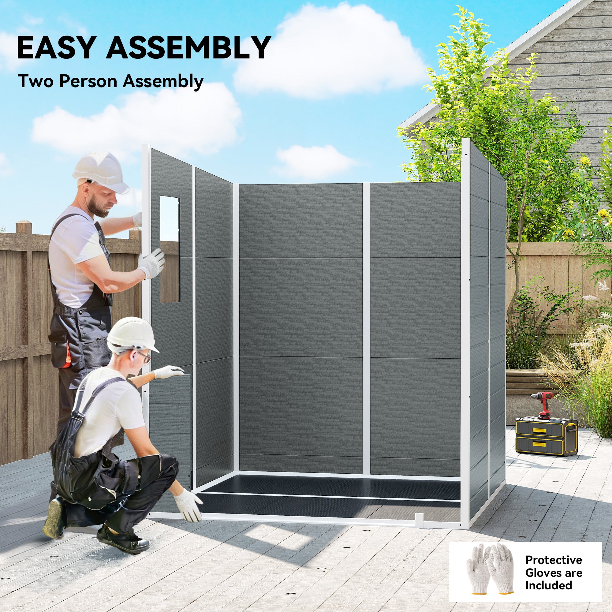 Outsunny 6 x 6 ft Plastic Garden Shed, Wood-Effect Outdoor Storage Shed with Floor, Windows, Lockable Doors and Vents, Grey 