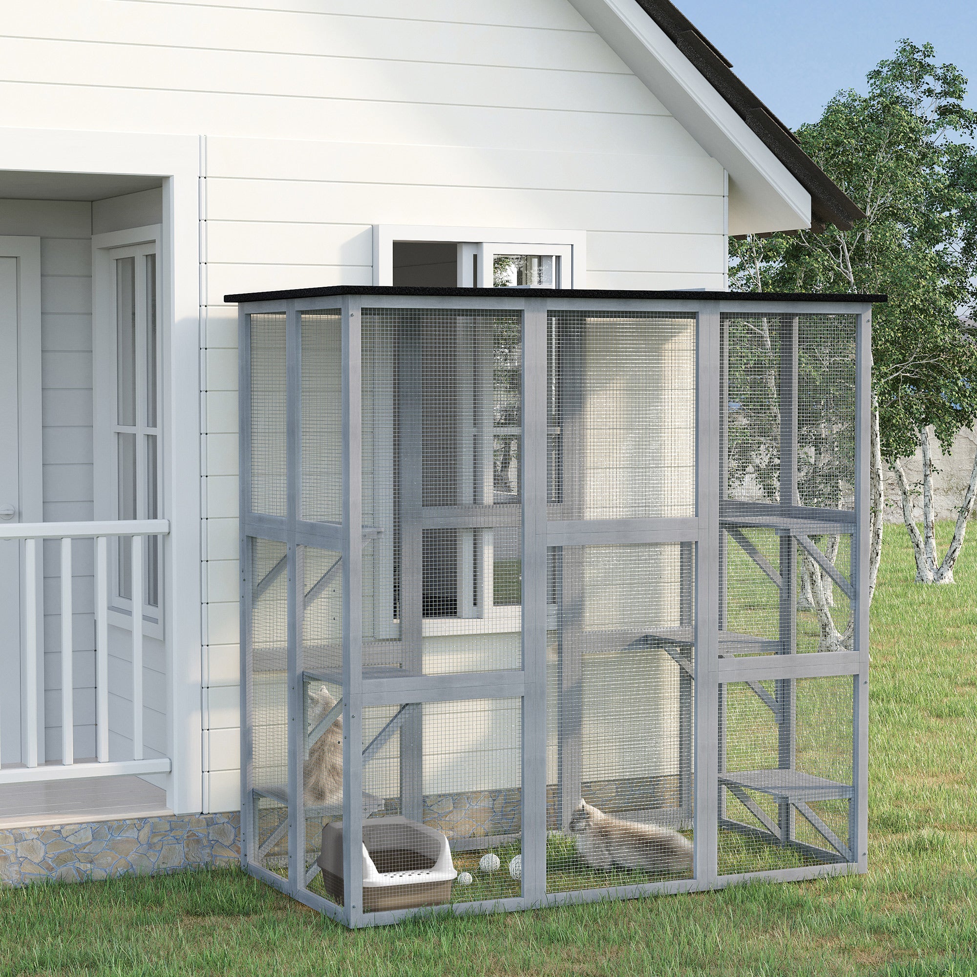 PawHut Wooden Catio Cat Outdoor Enclosure, Cat Cage with Waterproof Roof, Platforms, for Multiple Kittens, 180 x 98 x 180 cm 