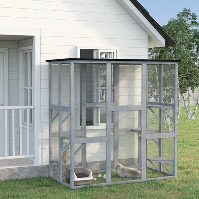 PawHut Wooden Catio Cat Outdoor Enclosure, Cat Cage with Waterproof Roof, Platforms, for Multiple Kittens, 180 x 98 x 180 cm 