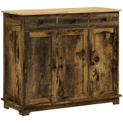 HOMCOM Sideboard with Rubberwood Top and Adjustable Shelves for Dining Room, Kitchen - Rustic Brown 