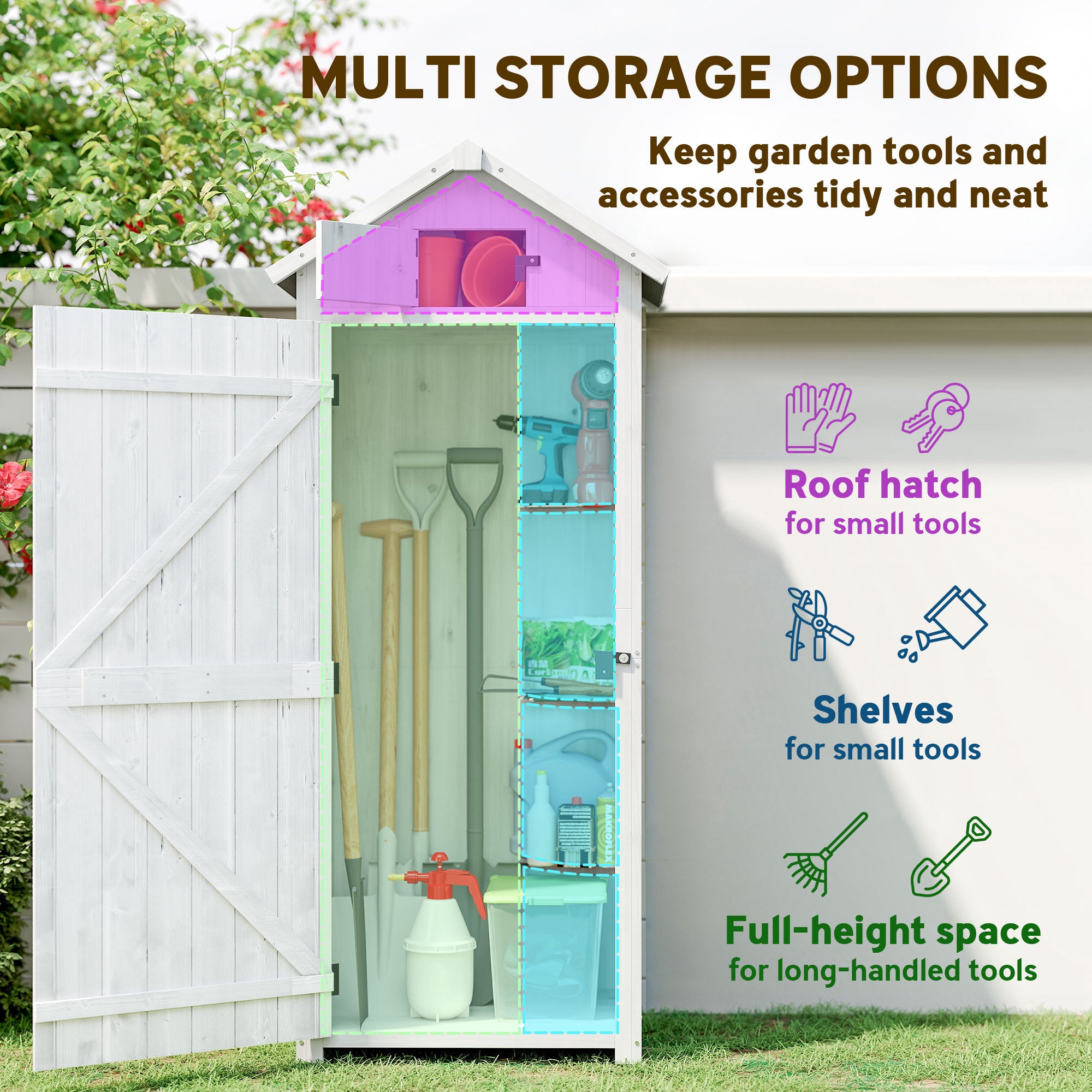 Outsunny Small Shed, Tall Slim Wooden Garden Shed with 3 Removable Shelves and Roof Hatch, Compact Outdoor Tool Storage Cabinet with Asphalt Roof and Door Latch, 77 x 54.2 x 179 cm, Light Grey 