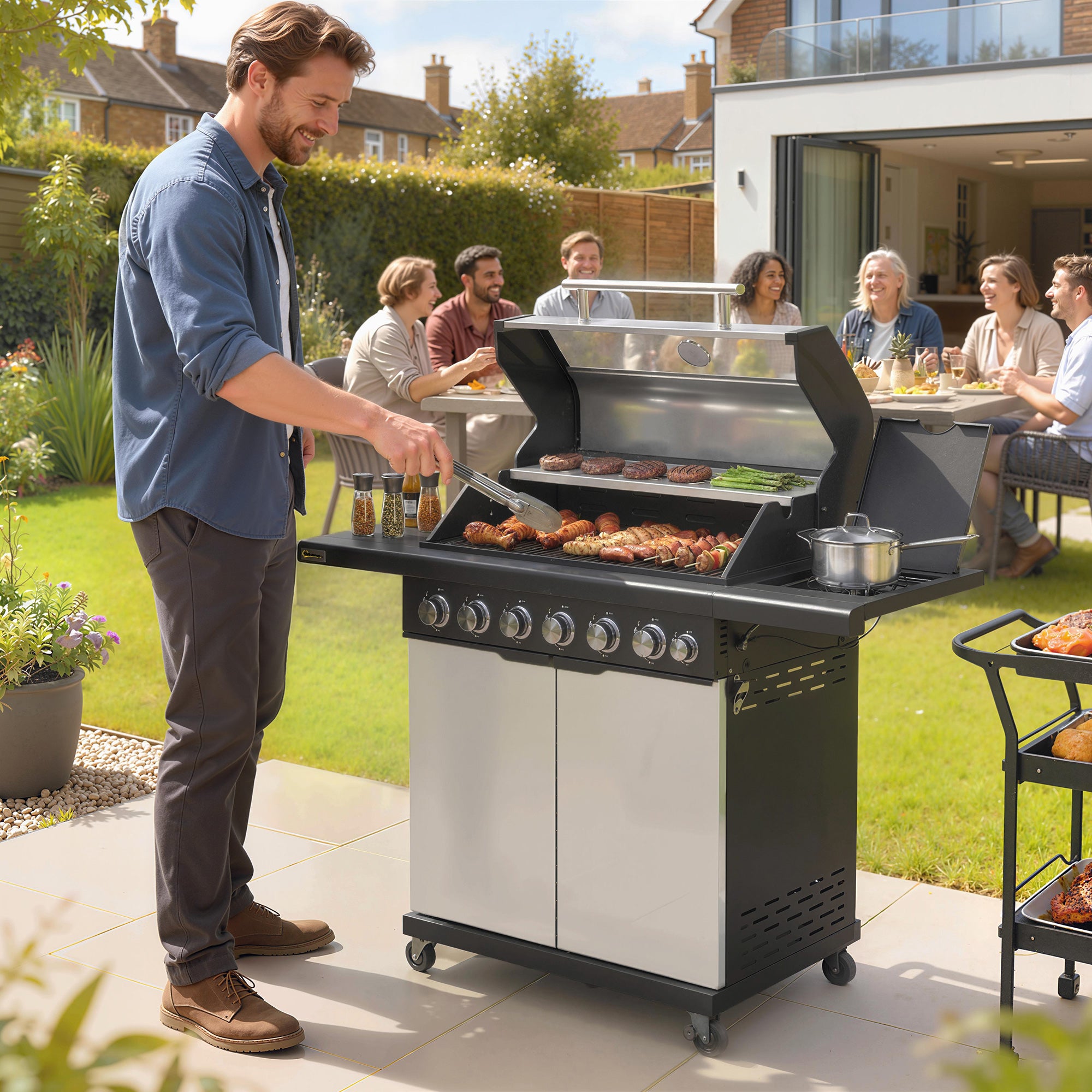 Outsunny 6+1 Burner Gas BBQ Grill, Outdoor Barbecue Trolley with Wheels, Warming Rack, Thermometer, Bottle Opener, Silver Tone 