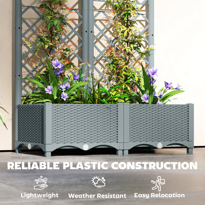 Outsunny Raised Garden Bed with Trellis, Plastic Planter Box with Drainage Holes, Drain Plugs and Water Reservoirs for Climbing Plants, Vegetables, Flowers, Grey 