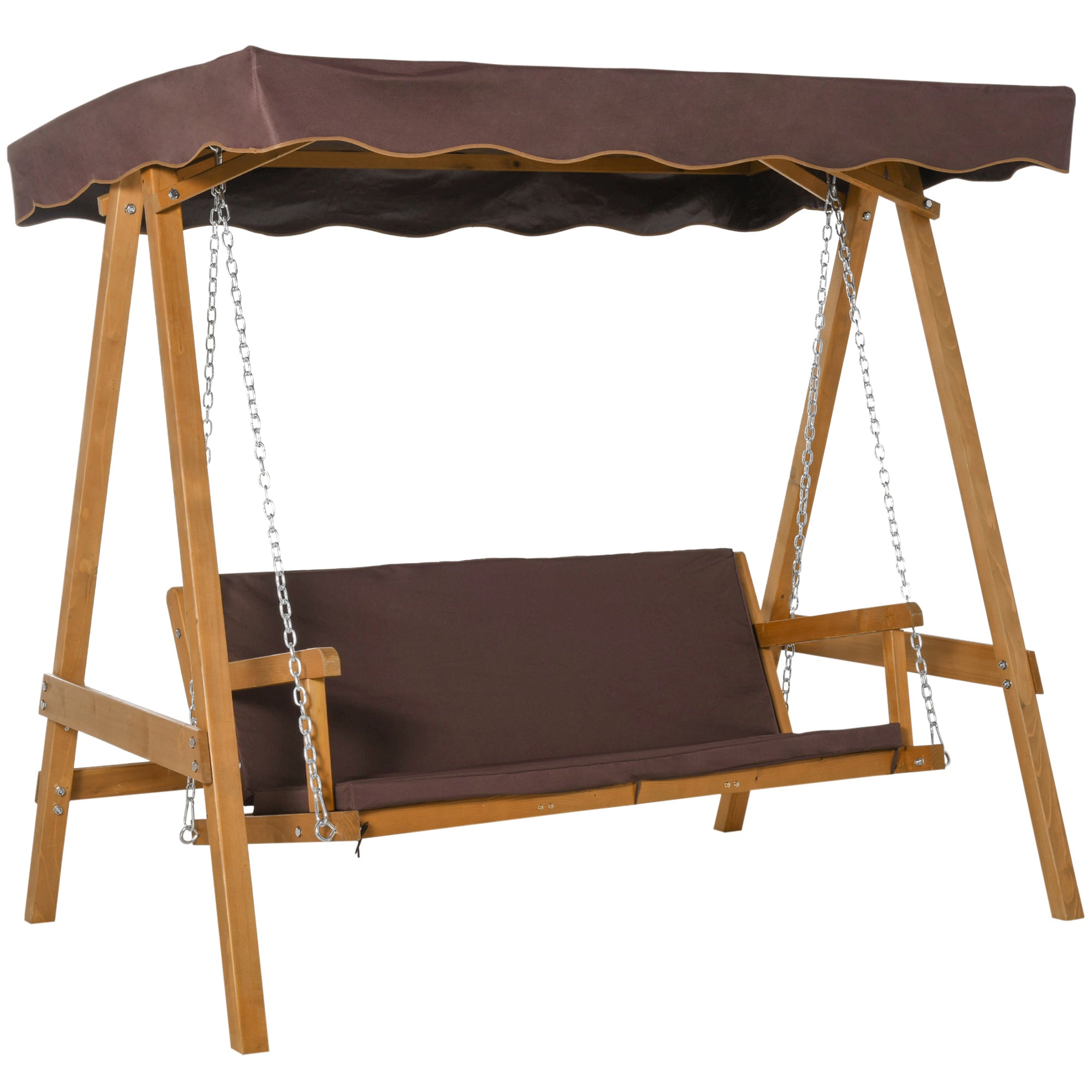 Outsunny 3 Seater Garden Swing Seat Outdoor Swing Chair with Adjustable Canopy, Wooden Hammock Bench with  Padded Cushions for Patio Yard, Brown 