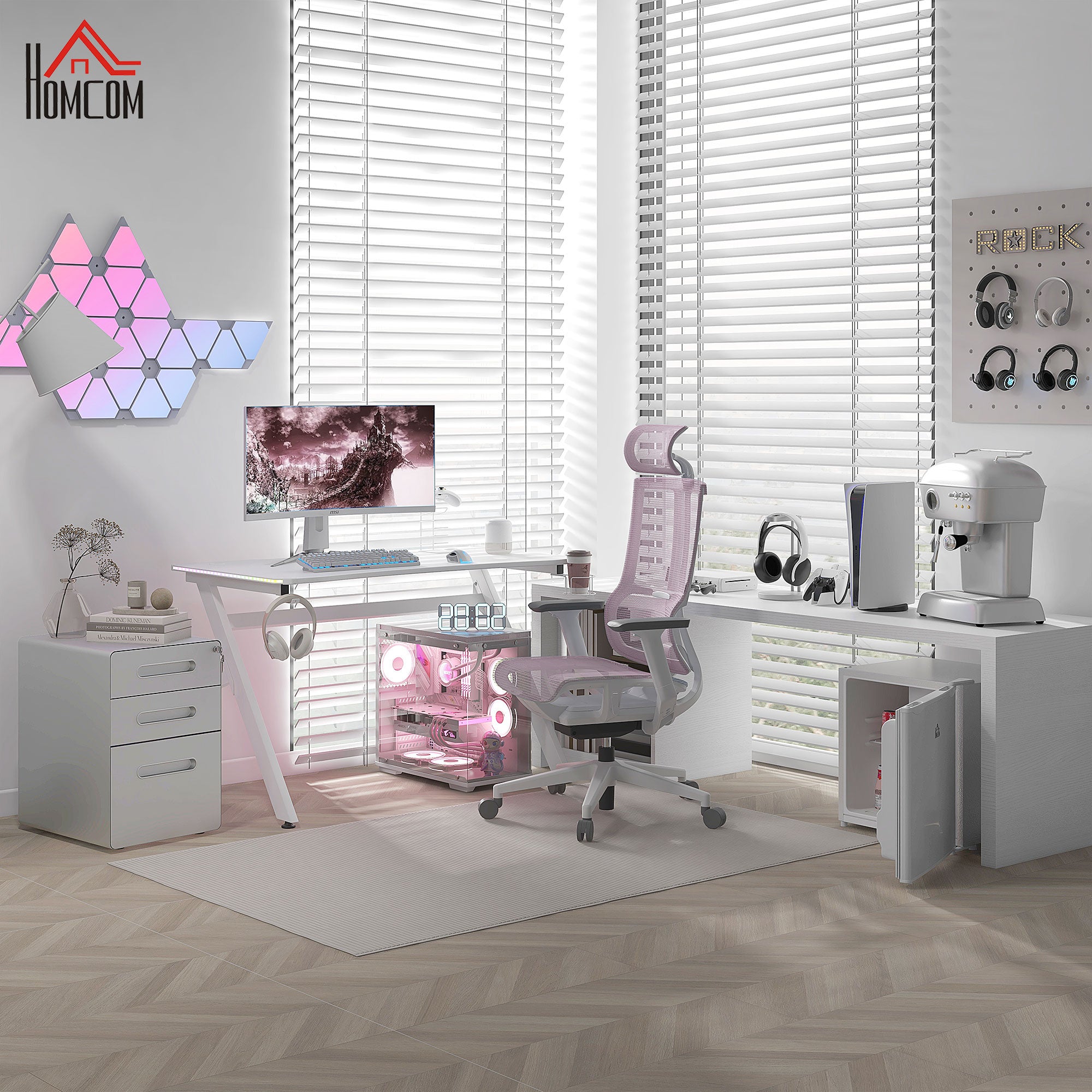 HOMCOM RGB 120 x 66cm Gaming Desk, Computer Table with Carbon Fibre Surface, Headphone Hook, Cup Holder, Controller Rack, Home Office Desk, White 