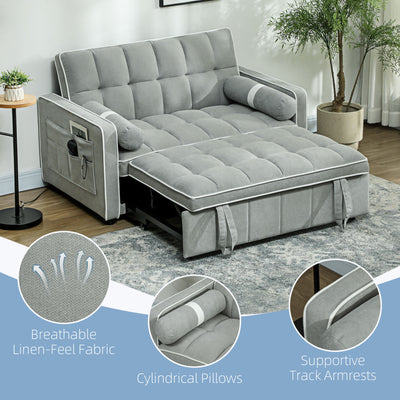 HOMCOM Two-Seater Linen-Look Sofa Bed - Light Grey 
