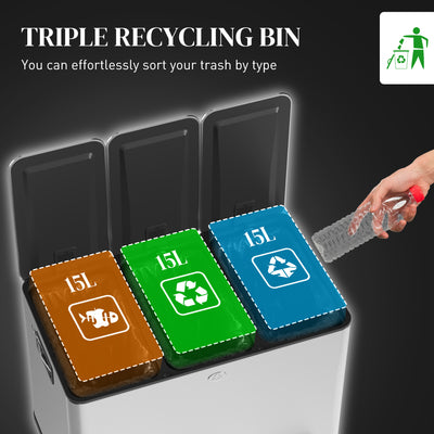 HOMCOM 3 x 15L Pedal Bin, Steel Triple Kitchen Bin with Soft Close Lid, Removable Inner Buckets, Fingerprint-Proof, Silver 