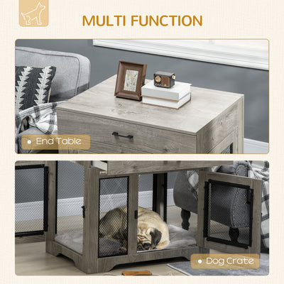 PawHut Dog Cage End Table with Two Doors, Drawer, for Medium Dogs - Grey 