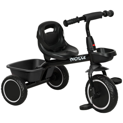 AIYAPLAY Kids Trike for 2-5 Years with Adjustable Seat, Pedal, Baskets, Black 