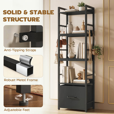 HOMCOM 4-Tier Bookshelf, Narrow Bookcase with Drawer, 8 Hooks, Metal Frame, Black 