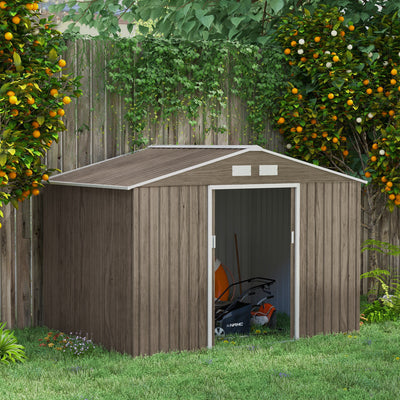 Outsunny 9 x 6ft Garden Metal Storage Shed, Outdoor Storage Tool House with Vents, Foundation and Lockable Double Doors, Brown 