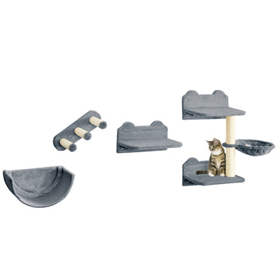 PawHut 4PCs Wall-Mounted Cat Shelves w/ Scratching Post, Hammock, Nest - Grey 