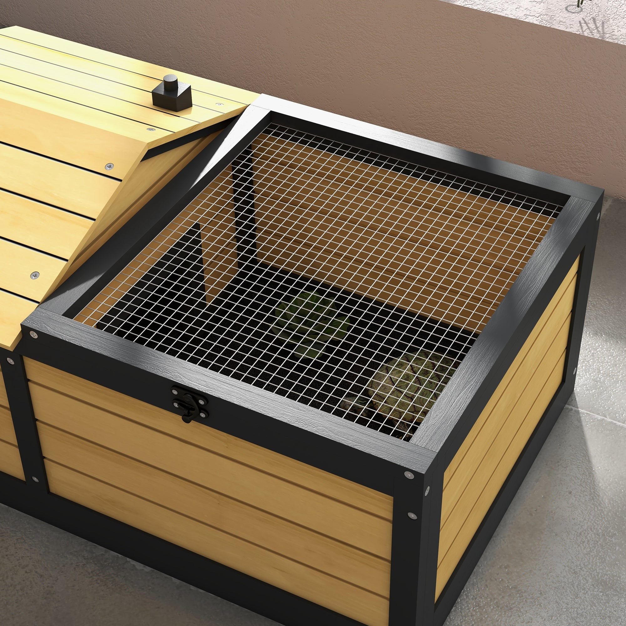 PawHut Wooden Tortoise House, Small Pet Reptile Shelter, with Hide Den and Run - Yellow 