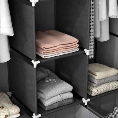 HOMCOM Fabric Wardrobe for Bedroom, Portable Wardrobe with 5 Shelves, 2 Hanging Rails and 3 Fabric Drawers, Foldable Closet, 125 x 43 x 162.5cm, Dark Grey 