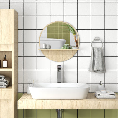 kleankin 45cm Round Home Mirror, with Shelf - Natural Wood Effect 