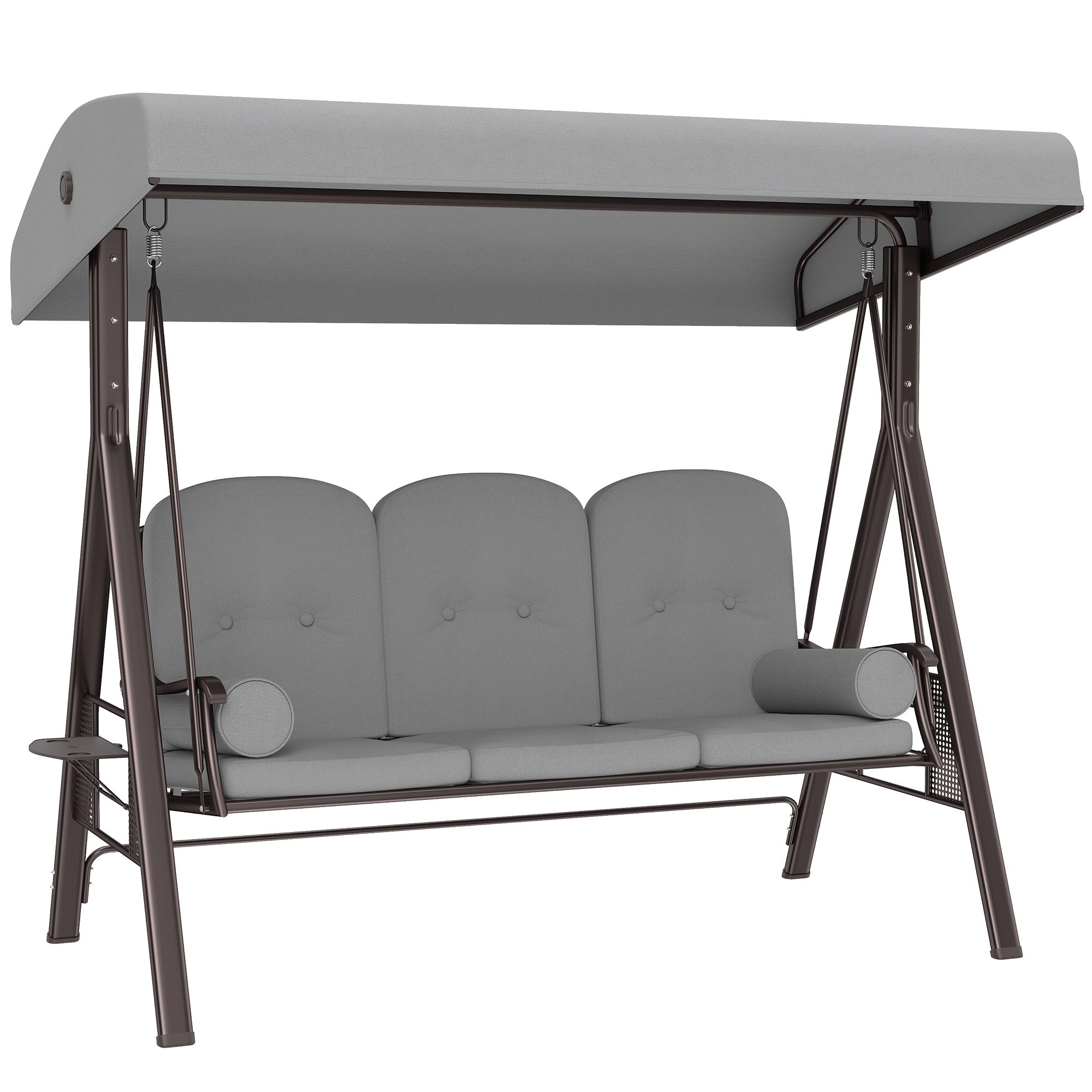 Outsunny 3 Seater Canopy Swing Chair, Outdoor Garden Swing Seat with Adjustable Canopy, Cushions and Cup Trays, Steel Frame, Light Grey 