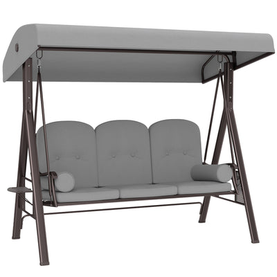 Outsunny 3 Seater Canopy Swing Chair, Outdoor Garden Swing Seat with Adjustable Canopy, Cushions and Cup Trays, Steel Frame, Light Grey 