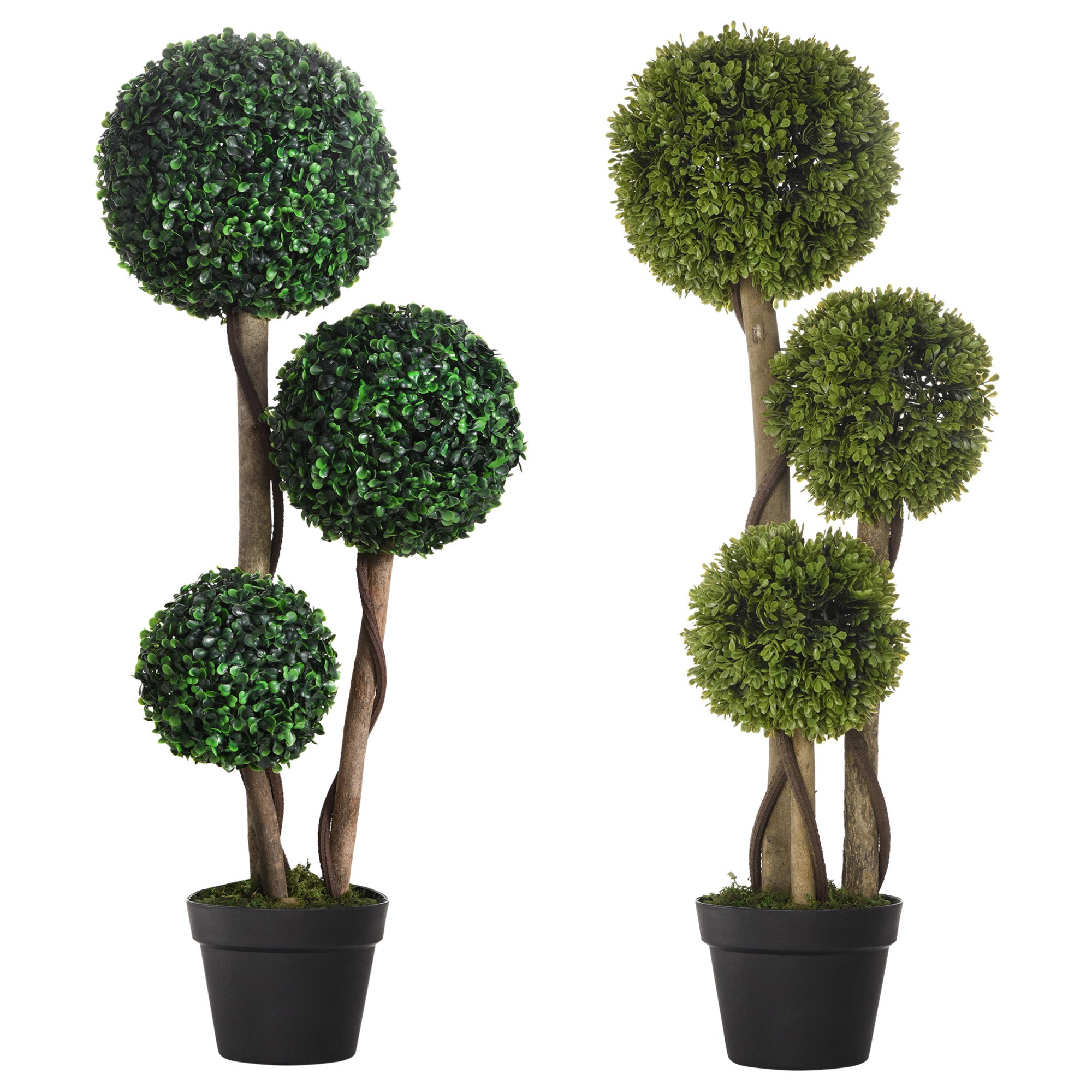 HOMCOM Decorative Artificial Plants Set of 2, Boxwood Ball Topiary Trees in Pot Fake Plants for Home Indoor Outdoor Decor, 90 cm, Dark Green 