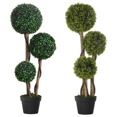 HOMCOM Decorative Artificial Plants Set of 2, Boxwood Ball Topiary Trees in Pot Fake Plants for Home Indoor Outdoor Decor, 90 cm, Dark Green 