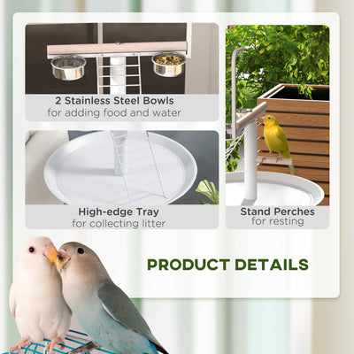 PawHut Bird Stand with Four Wheels, Perches, Stainless Steel Feed Bowls, Round Tray, for Garden, Indoor, Outdoor - White 