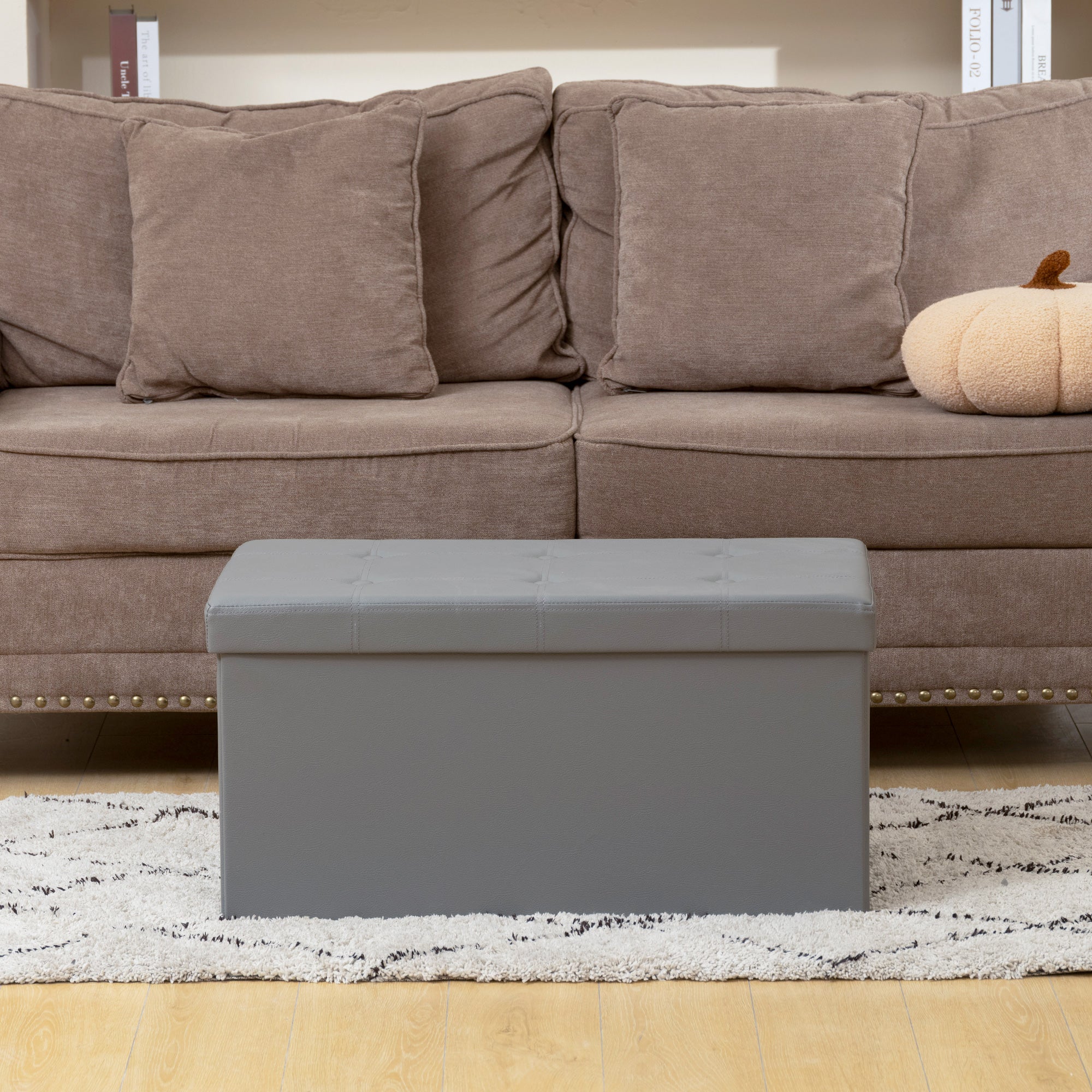 HOMCOM Storage Ottoman Bench, 89L PU Leather Folding Foot Rest Stool, End of Bed Bench, Easy Assembly, for Living Room, Bedroom, Entryway, Grey 