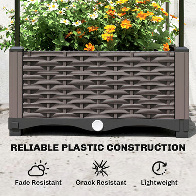 Outsunny Raised Garden Bed with Trellis, Plastic Planter Box with Drainage Holes, Drain Plugs and Water Reservoirs 