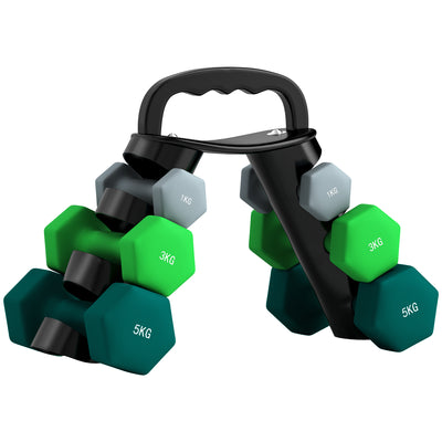 SPORTNOW Dumbbells Set with Carry Storage Rack, Set of 6 Weights for Home Gym Kettlebell Training Weight Lifting Exercise, 2 x 1kg, 2 x 3kg, 2 x 5kg 